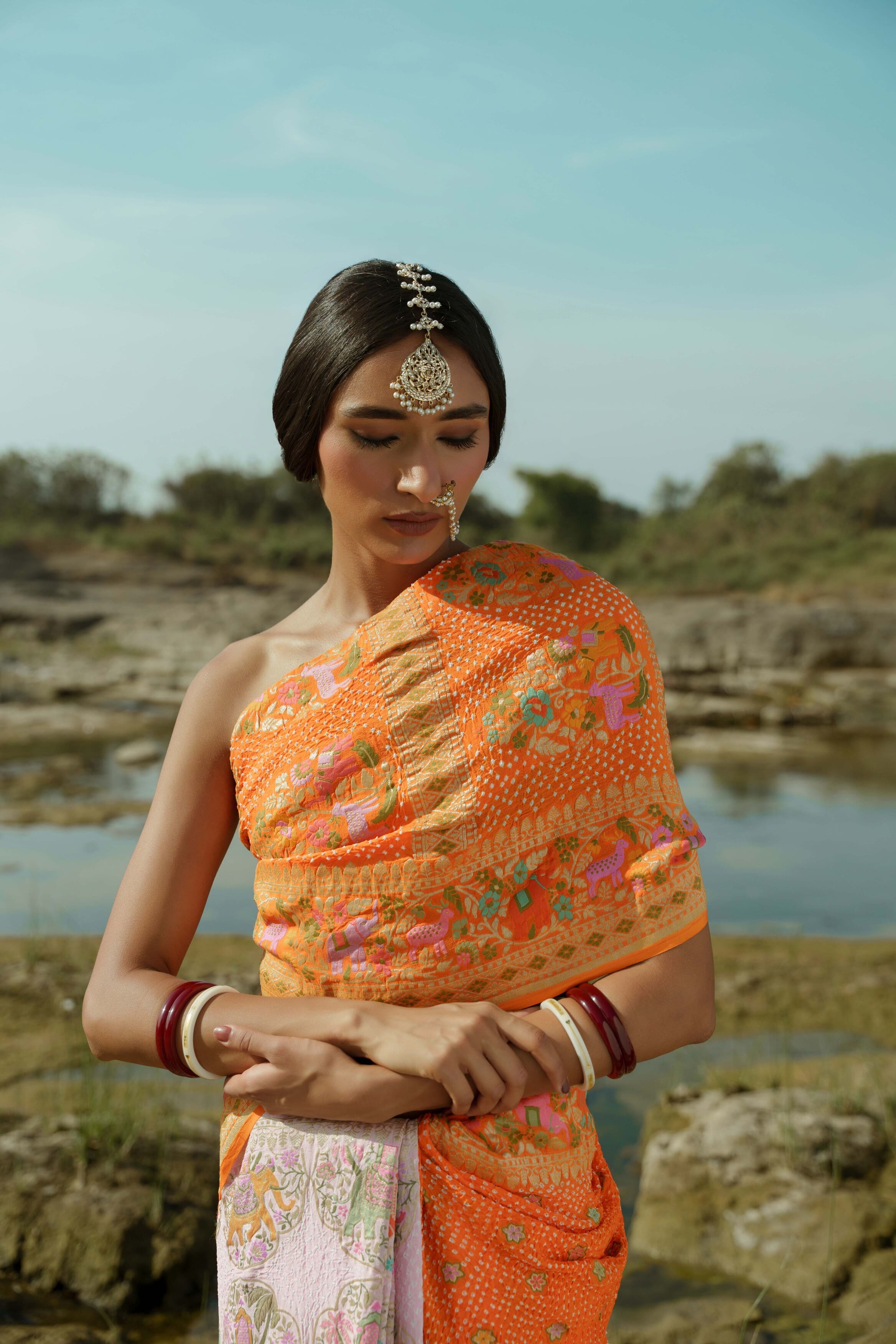Orange and Light Pink Bandhani Saree