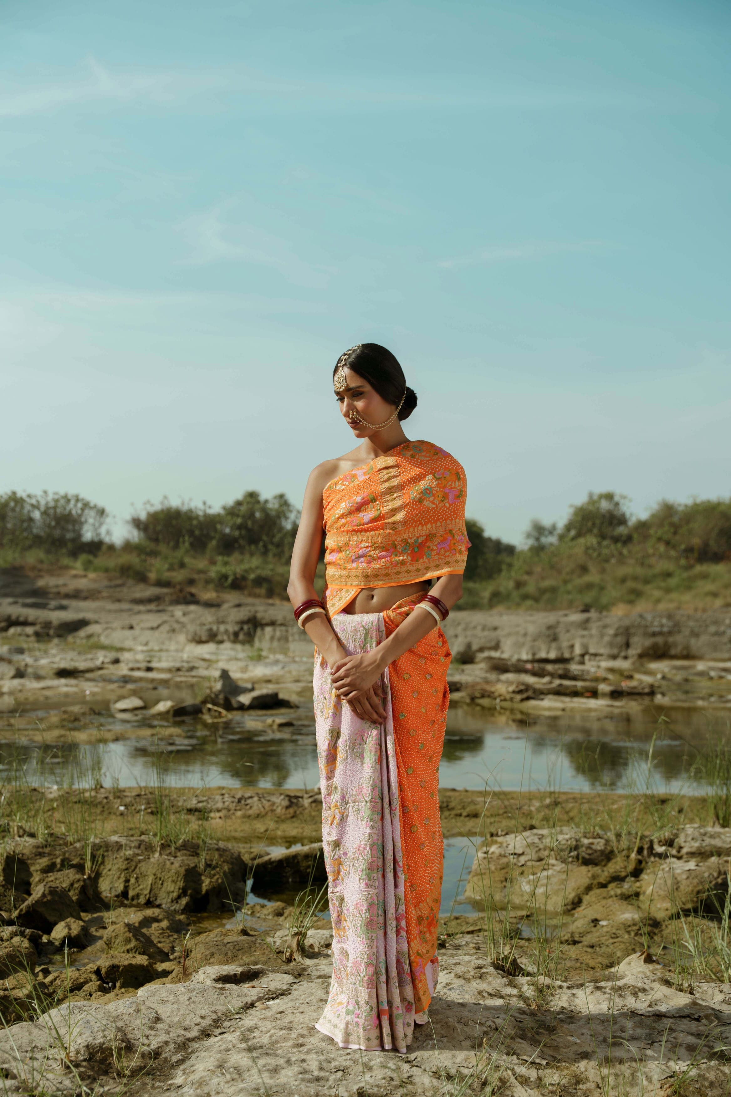 Orange and Light Pink Bandhani Saree
