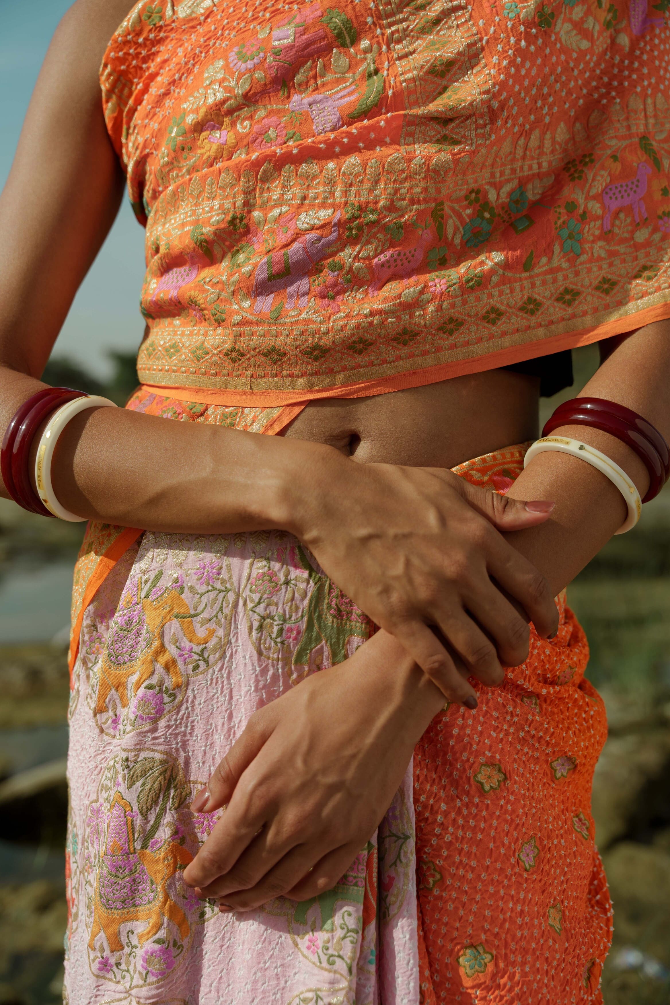 Orange and Light Pink Bandhani Saree