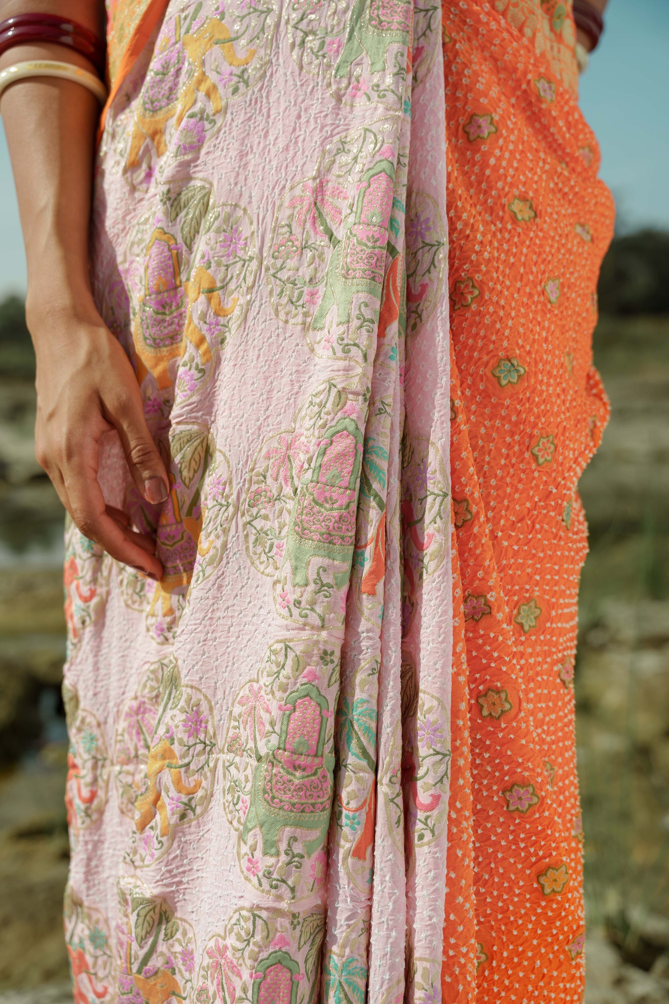 Orange and Light Pink Bandhani Saree