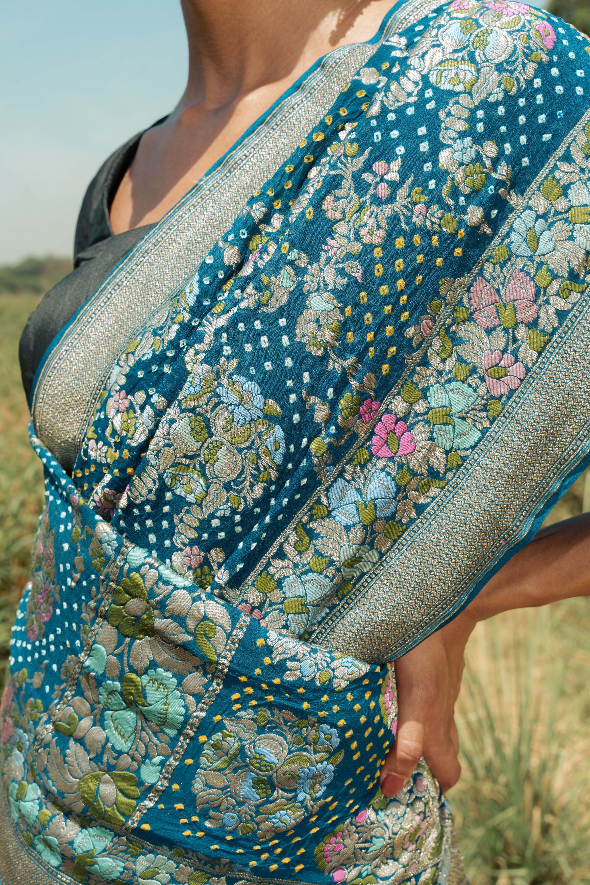 Navy Blue Bandhani Saree