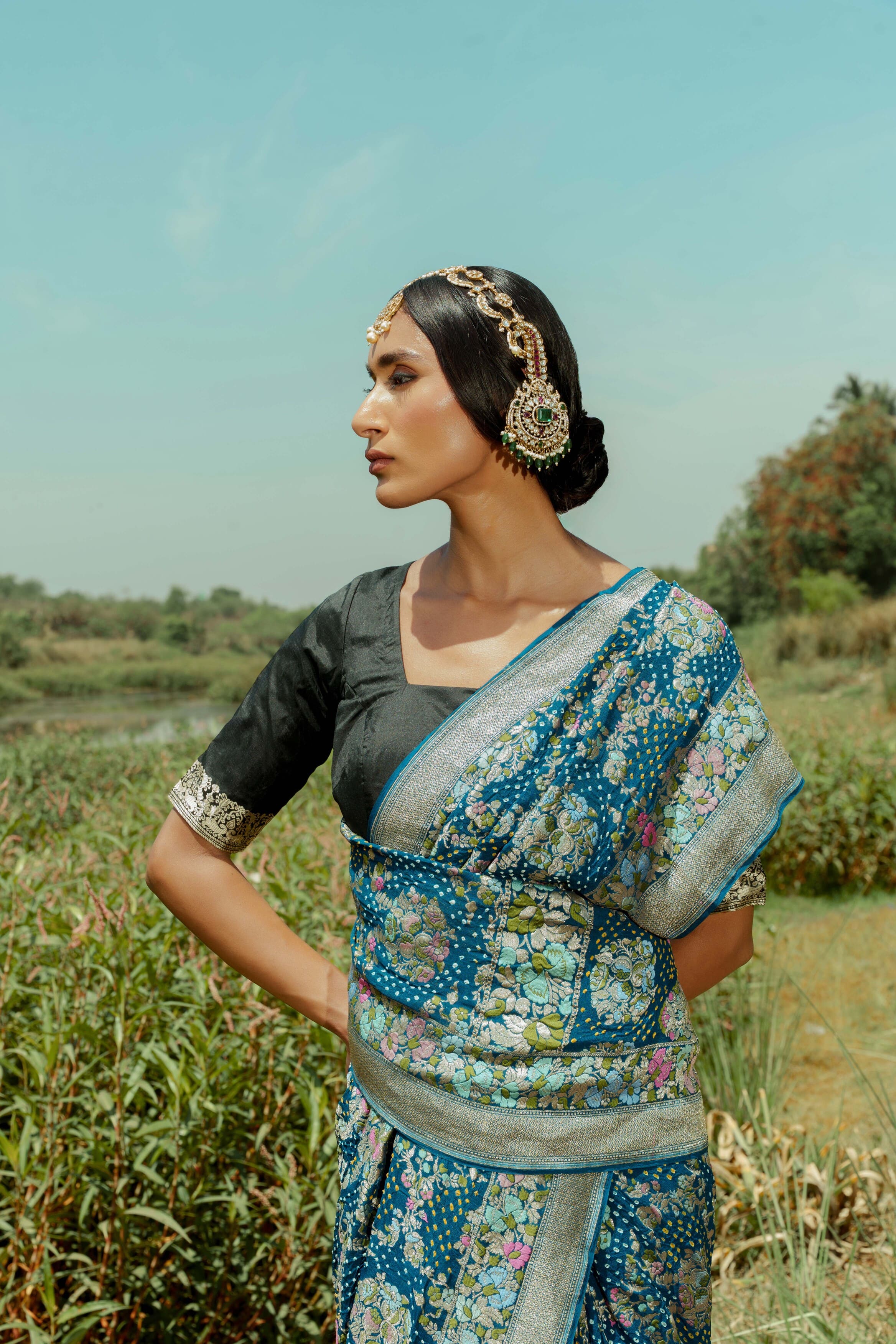 Navy Blue Bandhani Saree