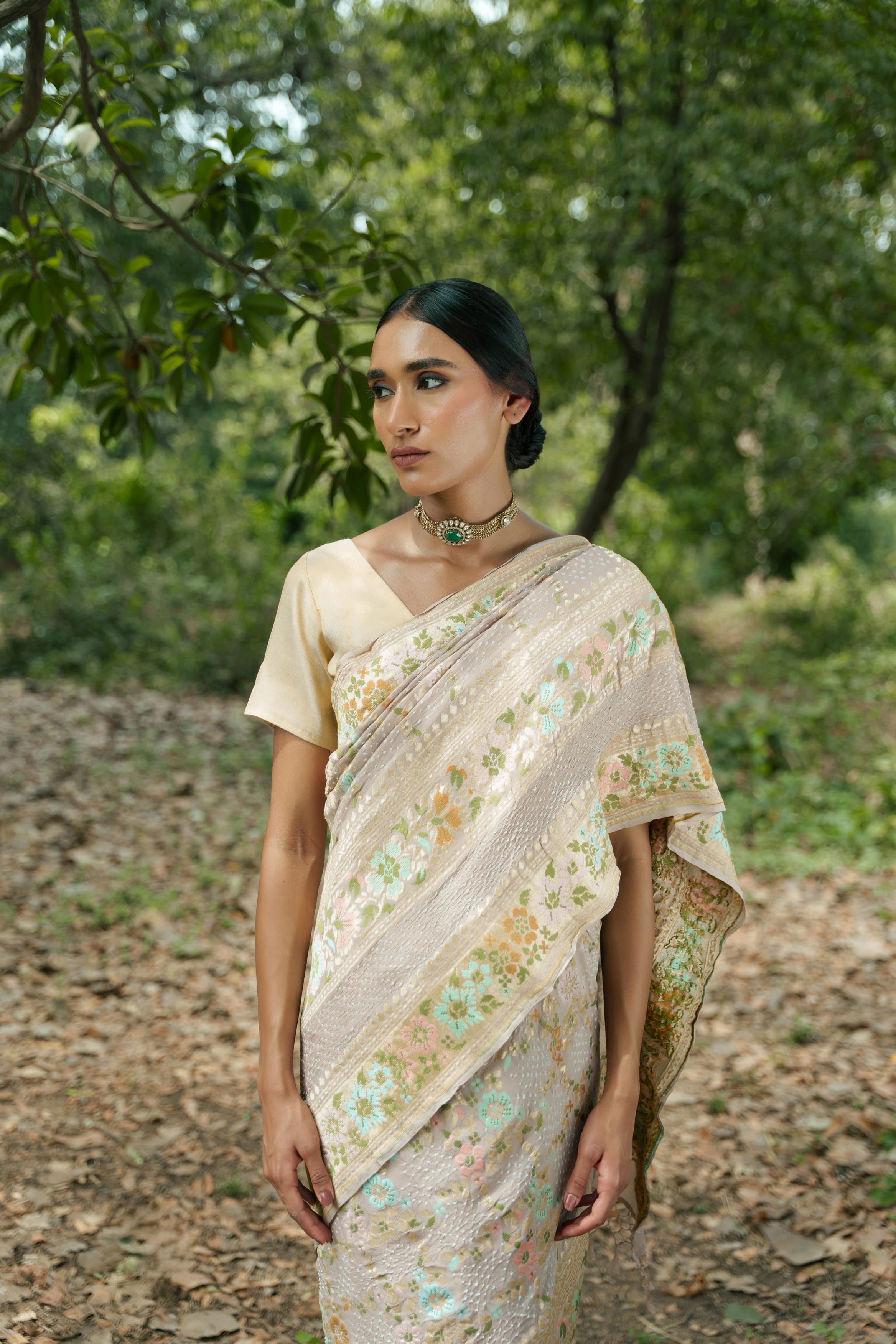 Beige Bandhani Saree