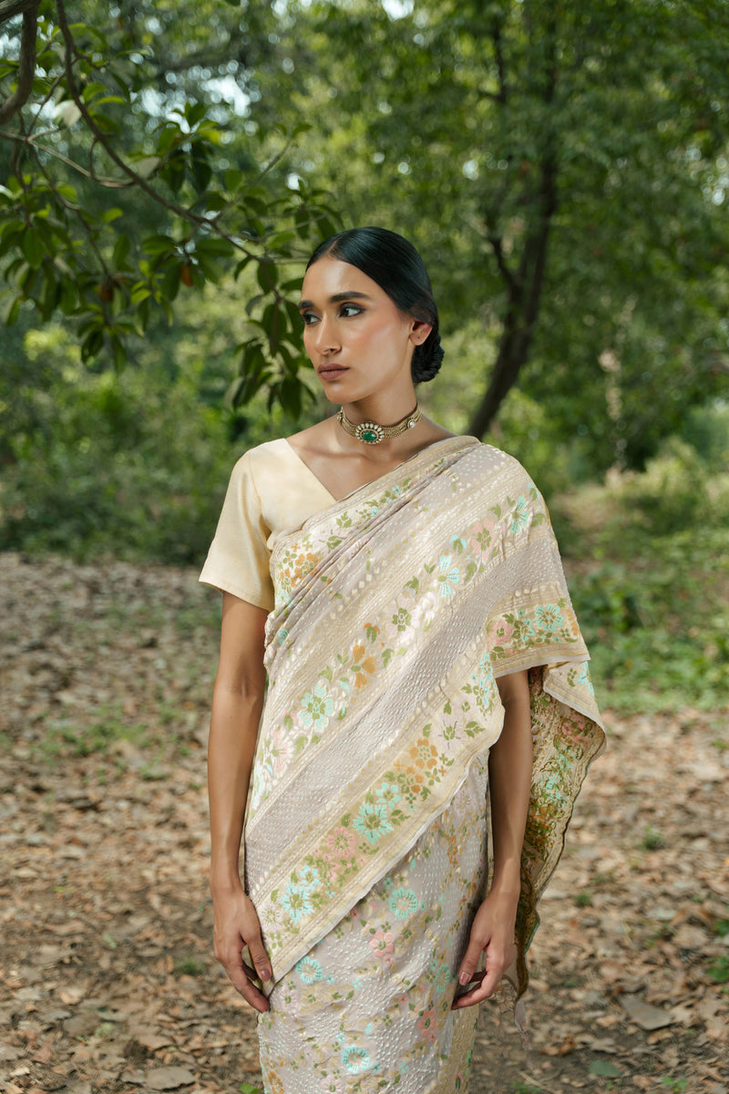 Beige Bandhani Saree
