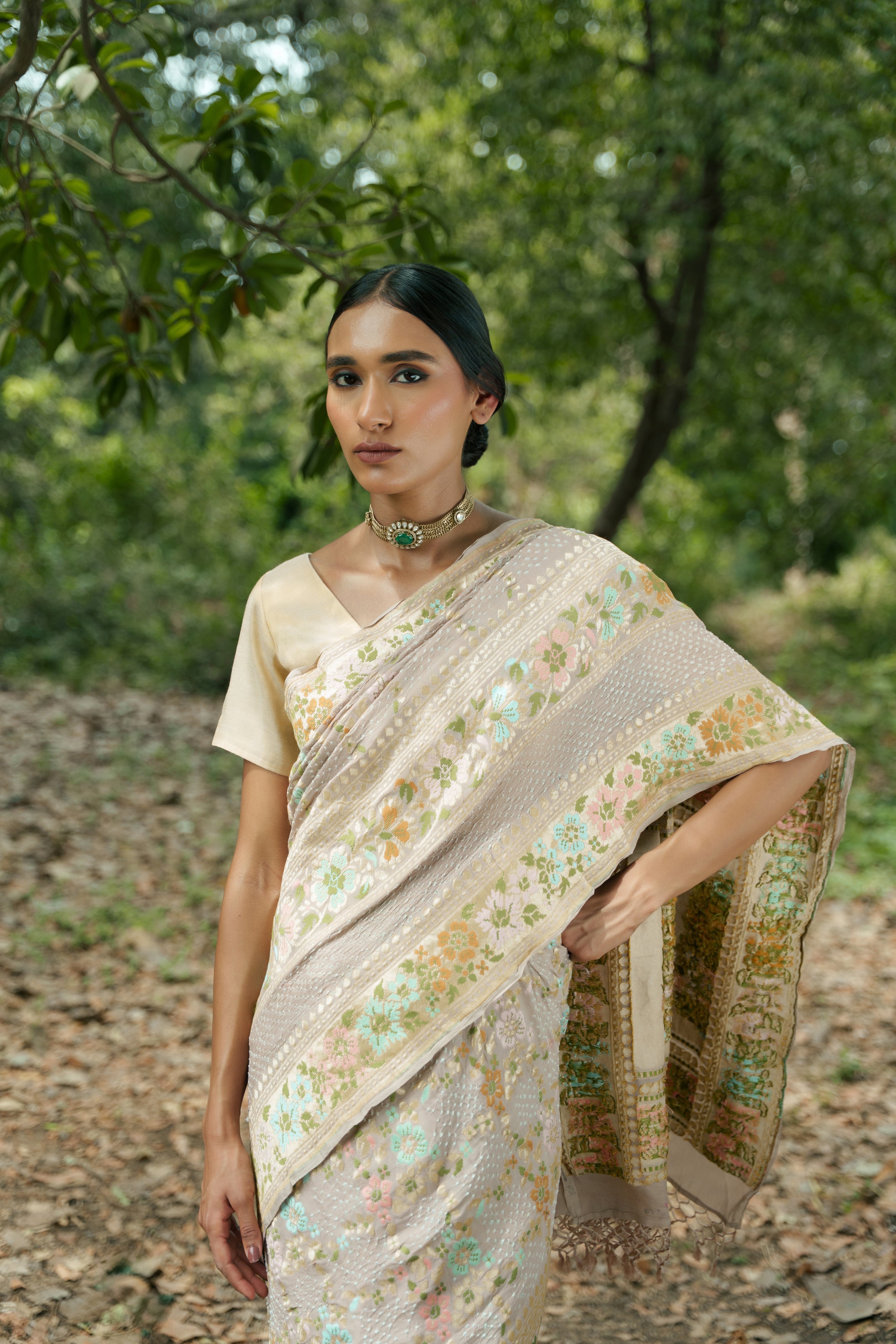 Beige Bandhani Saree